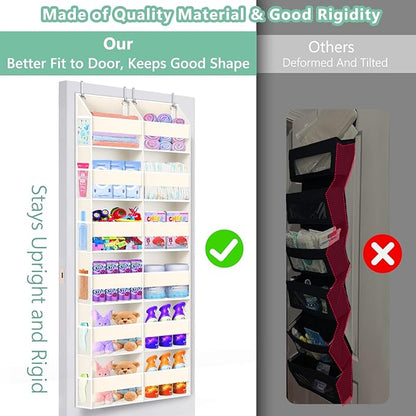 Heavy Duty Over The Door Organizer 6 Tiers, Extra Large Behind Door Storage of 12 Big Front & 12 Mesh Pockets, 80lb Weight Capacity, Hanging Doors Storage Organizer for Closet Bedroom Nursery, Beige