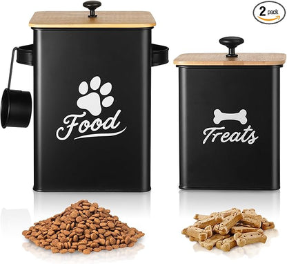 Dog Treat Container Set of 2, Dog Food Storage Containers with Airtight Lids, Metal dog treat jars for Kitchen Countertop, Pet Cookie Canister to Keep Treats Fresh, 9.4''×7.1''×9.6", Black
