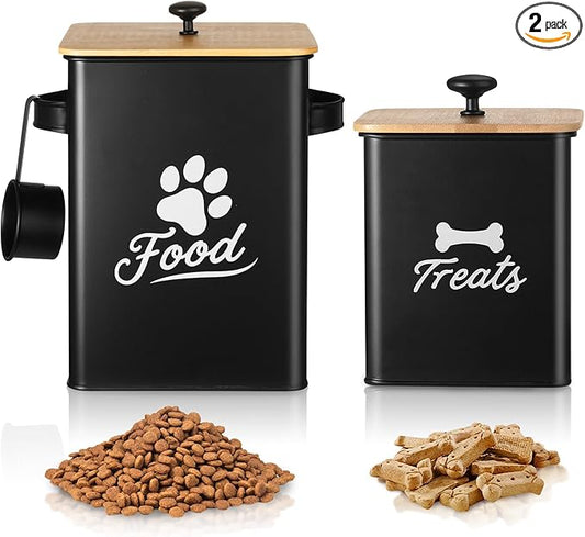 Dog Treat Container Set of 2, Dog Food Storage Containers with Airtight Lids, Metal dog treat jars for Kitchen Countertop, Pet Cookie Canister to Keep Treats Fresh, 9.4''×7.1''×9.6", Black