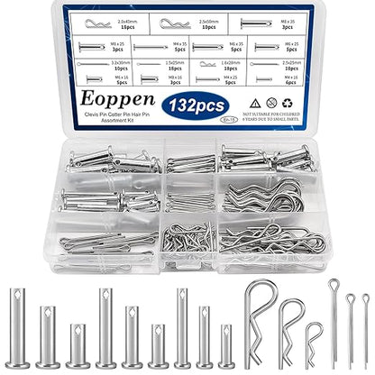 132Pcs Clevis Pin Cotter Pin Hair Pin Assortment Kit - 304 Stainless Steel 15 Sizes Cotter Pin & R Clips Pin Zinc-Plated Single Hole Flat Head Clevis Pins