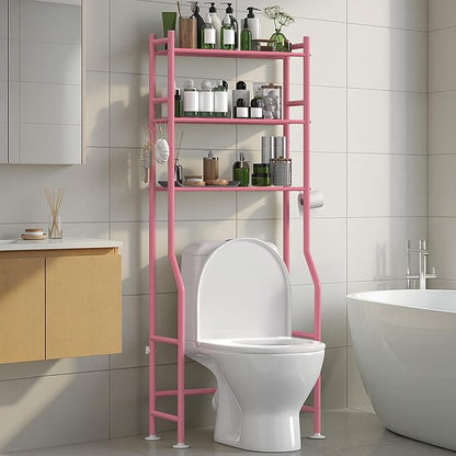 3-Tier Over The Toilet Storage with Paper Holder, Metal Bathroom Organizers and Storage for Small Space, Freestanding Bathroom Shelves with 4 Hooks, Above The Toilet Storage Shelf (Pink)