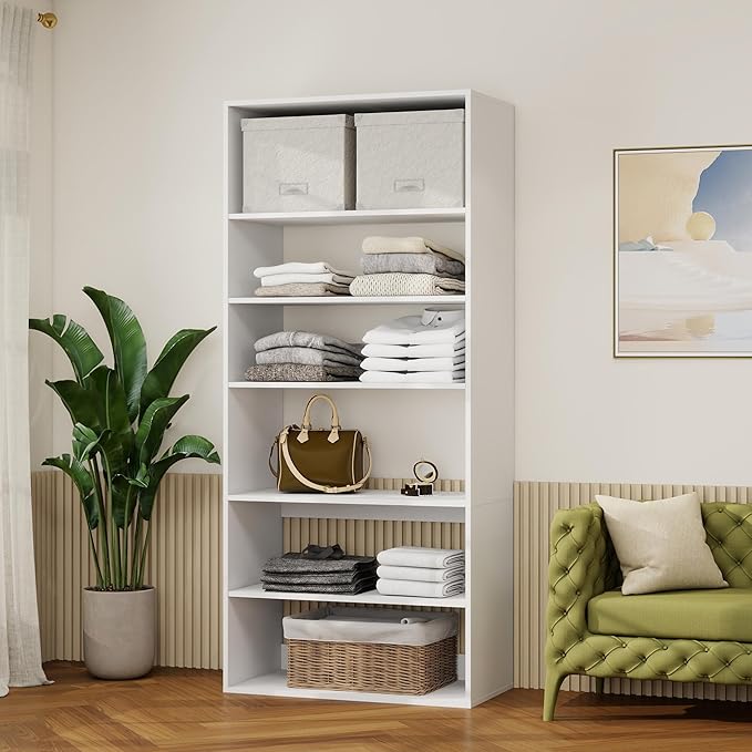GraceGrove 71" High Modular Wooden Closet Organizer System with 6 Shelves &Storages, Wall Mount Shelving for Walk in Closet Bedroom Organization,Closet Organizers and Storage, White