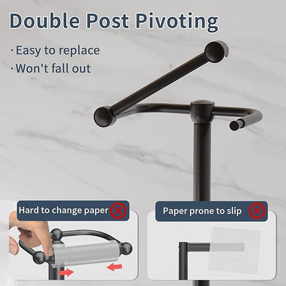 Toilet Paper Holder Stand, Post Pivoting Design Free Standing Toilet Paper Holder with Storage for 4 Rolls, SUS304 Stainless Steel Tissue Holder with Reserve, Heavy-Duty Base (Matte Black)