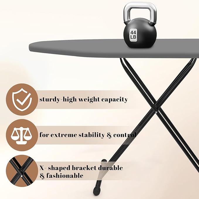 Ironing Board, Compact and Space Saver,Size 13 x 43, Metal Construction Ironing Boards with Extra Thick Heavy Duty Padded, Stable Structure,Skid Feet, Premium Iron Board (Grey)