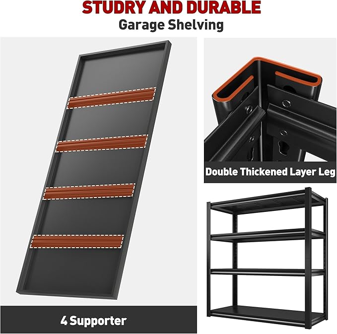 Raybee 40" W Storage Shelves 4 Tier Garage Shelving Heavy Duty Shelving 2000 LBS Adjustable Metal Shelving for Garage,Basement, Warehouse, 40" W x19 D x57 H