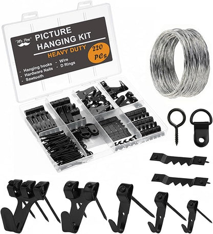 Mr. Pen- 220pc Black Picture Hanging Kit, Nails, Hooks & Hardware