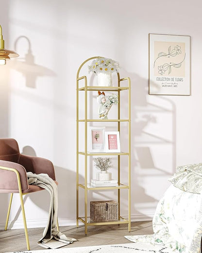 Bookcase Bookshelf, Tempered Glass Bookshelves, Slim Shelving Unit for Bedroom, Bathroom, Home Office, Steel Frame, 6 Tier Gold BC10601G