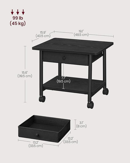 VASAGLE Heavy-Duty Printer Stand with Locking Wheels, 2-Tier with Drawer Industrial Mobile Cart with Storage Shelf, Printer Table for Home, Office, 15.6" Height, Ebony Black UOPS004B56