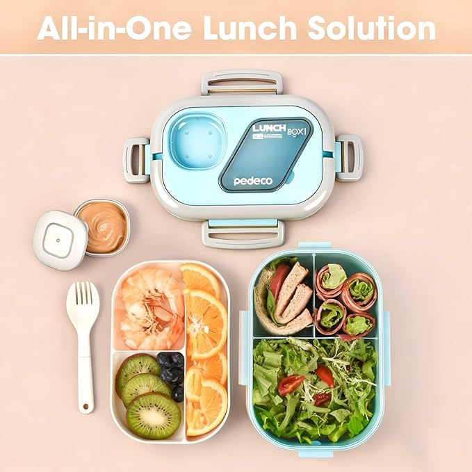 Lunch Containers Bento Box Set for Adults & Kids with Insulated Bag, Leakproof 3-Compartment and 2-Tier Stackable Container with Portable Sauce Pod, Microwave/Dishwasher Safe, BPA-Free (Blue)