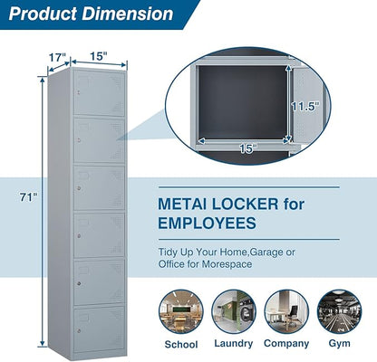 Metal Locker Cabinet with 6 Doors, 71" Storage for Employees, 6 Tier Steel Locker with Lock and Keys for School, Gym, Home, Office Staff (Grey)