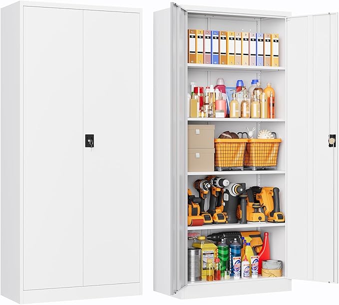 Metal Storage Cabinet with Lock,Lockable Garage Cabinet with 2 Doors and 5 Adjustable Shelves,Tall Steel Cabinets for Garage,Workshop,Gym,School