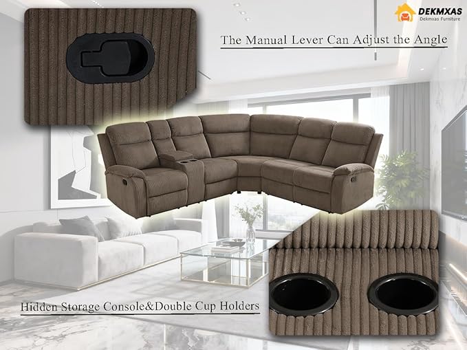 Corduroy Sectional Couch, Living Room Furniture Sets, 5PCS Brown Manual Reclining Sectional Sofa Set with Sofa Loveseat with 5 Recliner Seats, Drop-Down Table, Cup Holders, Storage Console