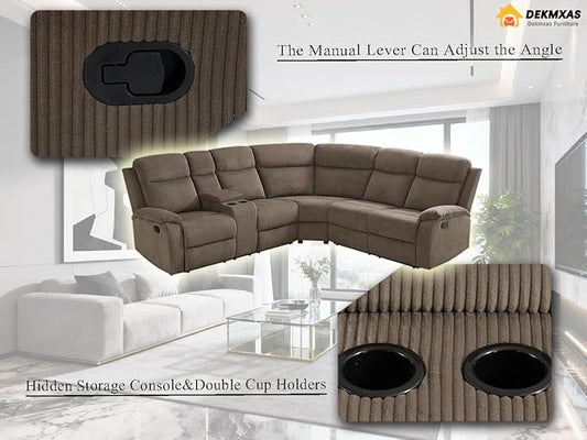 Corduroy Sectional Couch, Living Room Furniture Sets, 5PCS Brown Manual Reclining Sectional Sofa Set with Sofa Loveseat with 5 Recliner Seats, Drop-Down Table, Cup Holders, Storage Console