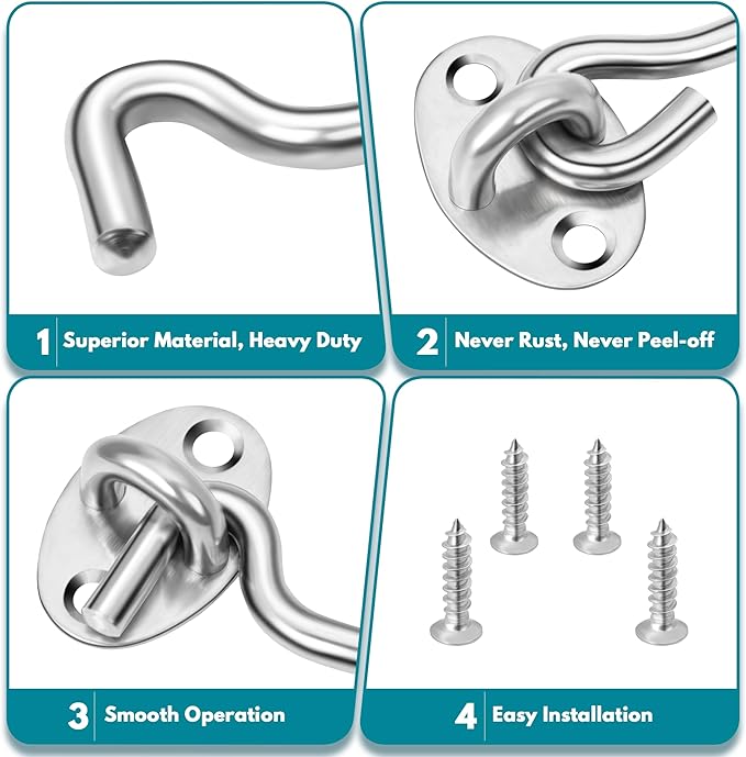 Rainspire (2 Pack) Privacy Hook and Eye Latch for Barn Door, Stainless Steel Gate Latch Barn Door Lock Cabin Hooks for Gate Shutters Window Slide Barn Shed Cabinet Bathroom (Silver, 4 Inch)