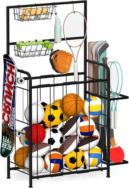 Shinoske Sports Equipment Organizer, Garage Storage Rack With Hooks and Baskets,Multi Use Large capacity Ball Storage Rack for Basketball,Football, Soccer, Bat, Toys,Indoor/Outdoor Use,Black