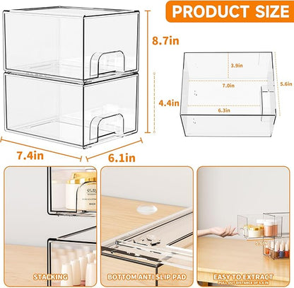 Yieach 2 Pack Clear Stackable Storage Drawers,4.4'' Tall Acrylic Drawer Containers for Organizing,Bathroom Organizers and Storage Bin Box,Plastic Makeup,Medicine Organizer Bins for Cabinet,Undersink