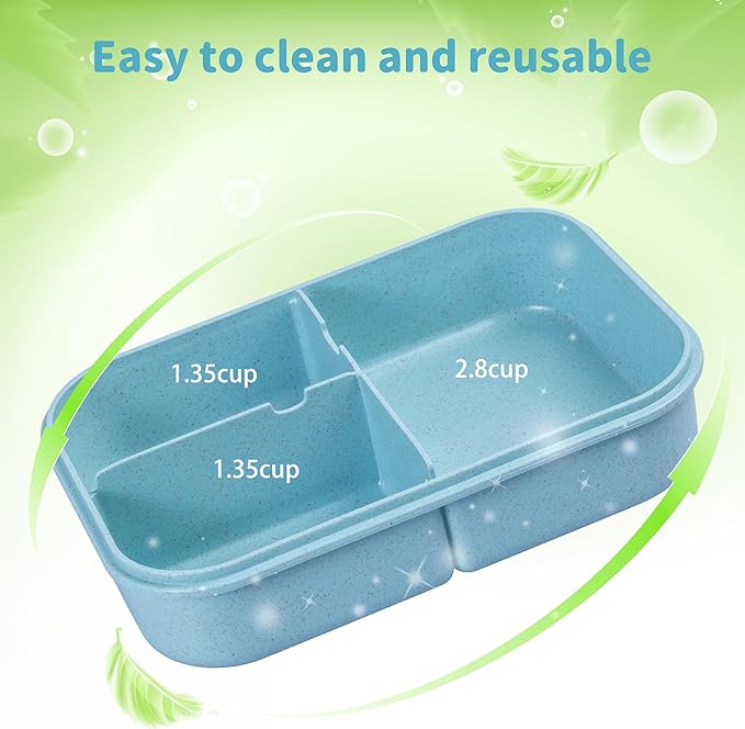 Wheat Straw Lunch Box, Leakproof 3-Compartment Bento Box for Kids & Adults, BPA-Free Lunch Containers, Microwave & Dishwasher Safe, 5.5 Cup (Blue)