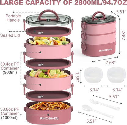 Lunch Box, Stackable 3 Layers Containers, Portable 94OZ Large Capacity Leakproof Bento Box with Spoon & Fork & Sauce Boxes, Microwave Safe Lunch Box for Kids and Adults