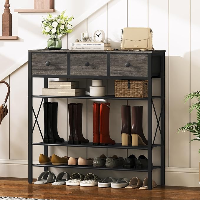 5-Tier Shoe Rack with 3 Drawers, Metal Shoe Organizer for 20 Pairs with Storage Shelves and Wooden Top, for Entryway, Hallway, Foyer, Closet, Charcoal and Black SS35BC