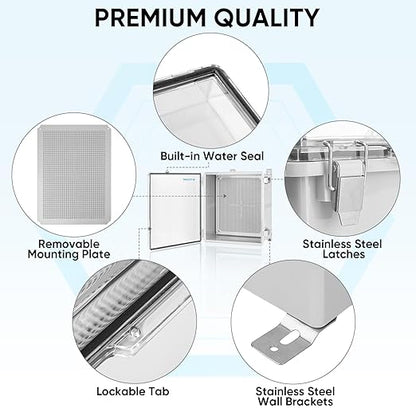 TICONN Outdoor Electrical Box Waterproof, Junction Box IP67 ABS Plastic Enclosure with Hinged Cover with Mounting Plate, Wall Brackets, Cable Glands (Clear, 17.7"x13.8"x7.9")