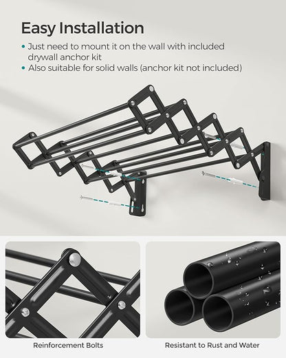 SONGMICS Clothes Drying Rack, Wall-Mounted Drying Rack Clothing, Small Accordion Laundry Rack, 9 Staggered Hanging Rods, Expandable and Retractable, Ink Black ULLR802B01