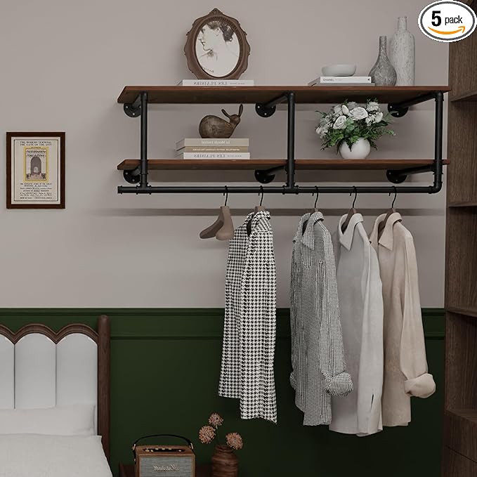 Clothes Rack 48in, Wall Mounted Garment Rack with Real Wood Shelf, Heavy Duty Hanging Clothes Rack, Multi-Purpose Hanging Rod, Space-Saving Closet Storage (2T48IN)
