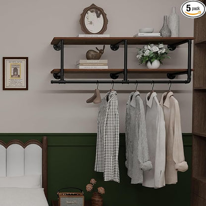 Clothes Rack 48in, Wall Mounted Garment Rack with Real Wood Shelf, Heavy Duty Hanging Clothes Rack, Multi-Purpose Hanging Rod, Space-Saving Closet Storage (2T48IN)