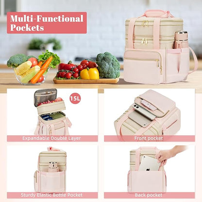 Insulated Lunch Bag & Lunch Box for Women - Double Deck Reusable Lunch Bag for men Tote Cooler Bag Leakproof Soft Expandable - Large Lunchbox for Work/Adult/Picnic/Outdoor (Pink，15L)