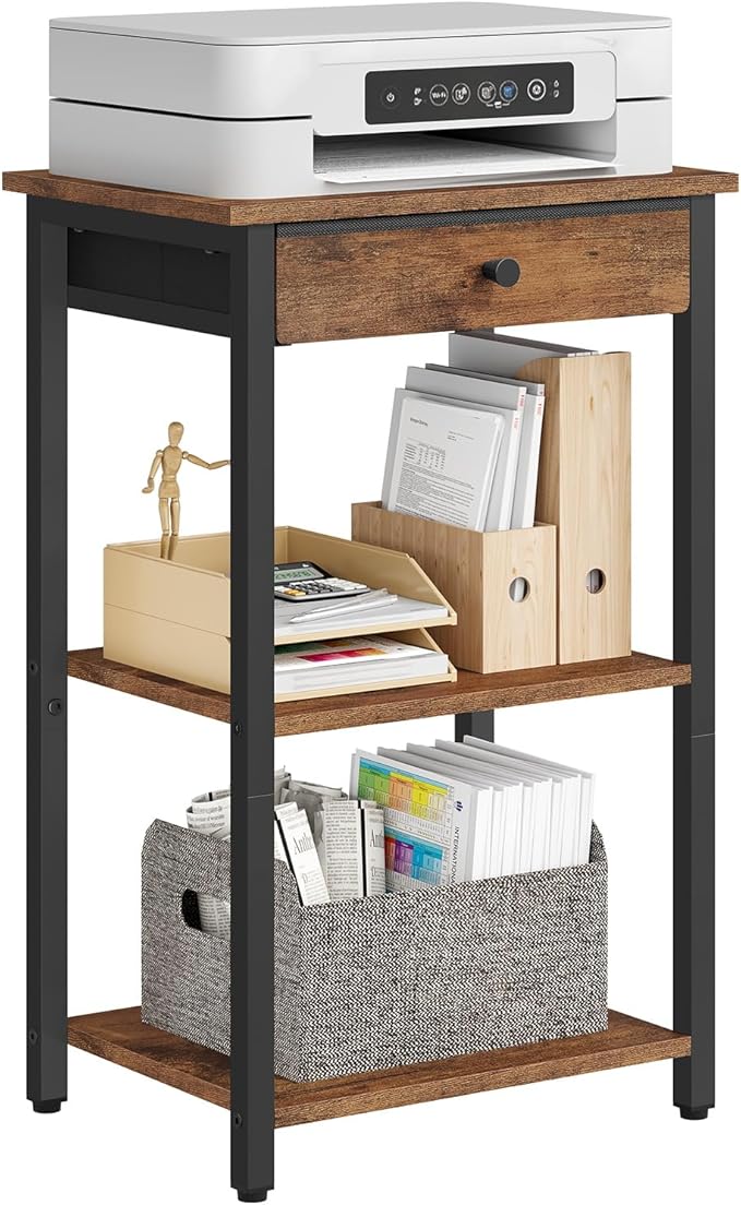 Printer Stand with Storage Drawer, 3-Tier Under Desk Printer Table, End Table for Home Office, Living Room, Bedroom, Brown