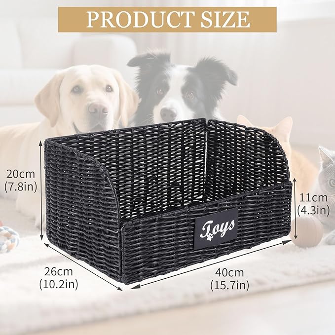 Dog Toy Basket Large Foldable Portable Rattan Dog Toy Storage Organizer for Living Room Bedroom Entryway Floor Corner Pet Toys Basket with Label, Dogs Toys Bin for Cats, Dogs and Pets-Black
