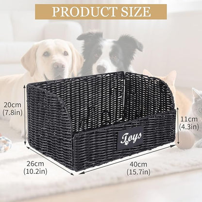 Dog Toy Basket Large Foldable Portable Rattan Dog Toy Storage Organizer for Living Room Bedroom Entryway Floor Corner Pet Toys Basket with Label, Dogs Toys Bin for Cats, Dogs and Pets-Black