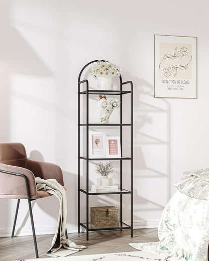 Bookcase Bookshelf, Tempered Glass Bookshelves, Slim Shelving Unit for Bedroom, Bathroom, Home Office, Steel Frame, 5 Tier Black BC05001B