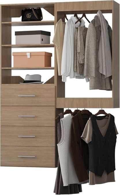 ROOMTEC Modular Closet System, 58" Wall-Mounted Closet Organizer with Drawers and Hanging Rods, Wooden Tower for Walk-In Closets, Wardrobe Storage Kit, Wood