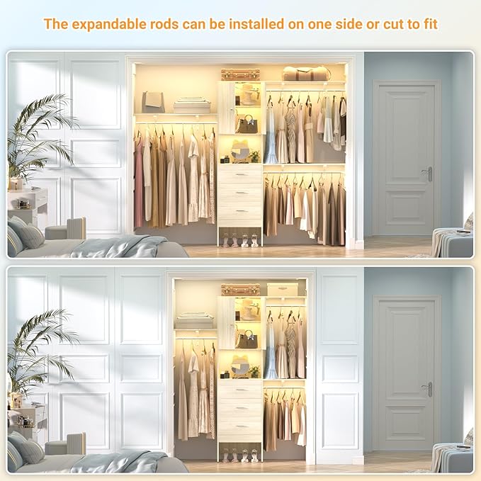Armocity 96 Inches Closet System with Doors, 8FT Walk In Closet Organizer with 3 Shelving Towers, Heavy Duty Clothes Garment Rack with 3 Wood Drawers, 96"L x 16"W x 80"H, Max Load 1000 LBS, White Oak