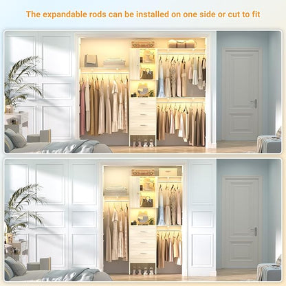 Armocity 96 Inches Closet System with Doors, 8FT Walk In Closet Organizer with 3 Shelving Towers, Heavy Duty Clothes Garment Rack with 3 Wood Drawers, 96"L x 16"W x 80"H, Max Load 1000 LBS, White Oak