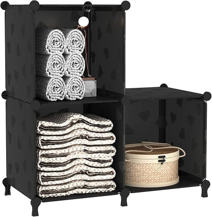 UNKU Cube Storage Organizer, 3 Cube Closet Organizer Storage Shelves, DIY Stackable Bookcase, Clothes Organizer Shelf for Closet, Bedroom, Living Room, Cabinet, Home, Office, Black