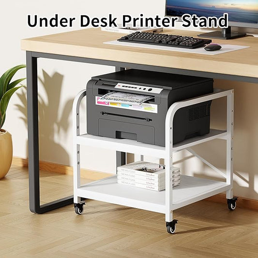 20 Inches Large White Printer Stand, 2-Tier Under Desk Printer Table with Height Adjustable Shelf, Rolling Printer Cart with Industrial Wheels for Home Office (White)