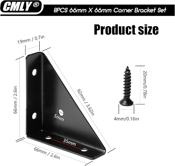 Black 8Pcs 66mm Triangle Shelf Brackets - Corner Desk Connectors for Wood, Metal, Cabinet