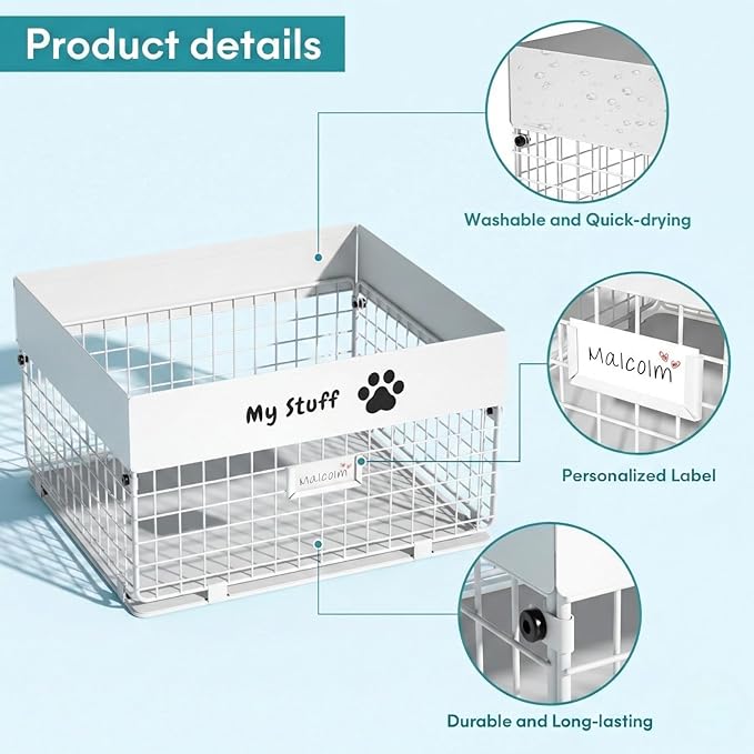 Dog Toy Box- Metal Toy basket for Dog - Dog Toys Storage Bin for Pet - Personalized Large Dog Toys Basket for Puppy and Pet- White Chew Resistant Dog Toy Chest & Organizer