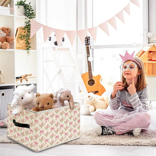 Coquette Pink Bow Rose Floral Storage Bin Box with Handles, Vintage Shabby Chic Cottagecore Pink Flower Foldable Organizer Basket Toybox for Girls Bedroom Bathroom Clothes Toys Books