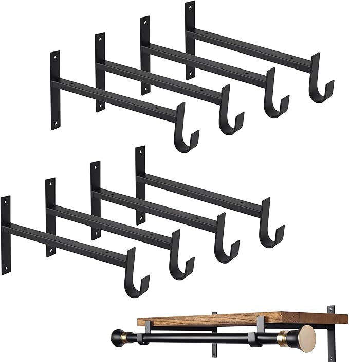 OVOV Closet Rod Bracket Heavy Duty 8 Inch Closet Shelf Brackets with Rod Holder Black Wall Mounted Closet Rod Support Brackets with Hook (8 Pack)