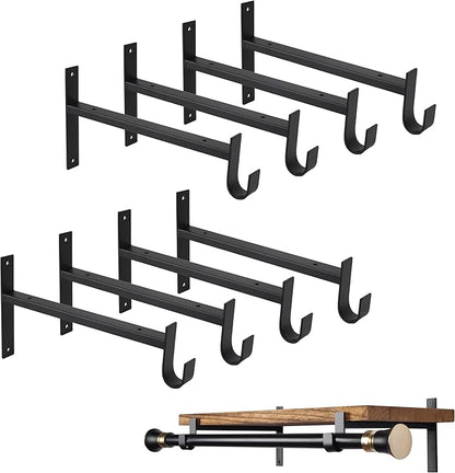 OVOV Closet Rod Bracket Heavy Duty 10 Inch Closet Shelf Brackets with Rod Holder Black Wall Mounted Closet Rod Support Brackets with Hook (8 Pack)