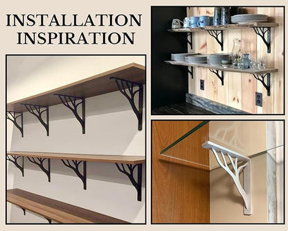 Rustic Tree White Heavy Duty Shelf Brackets 10 inch by Balin Designs, Decorative L Brackets, Iron Metal Floating Shelf Bracket, Wall Mount Shelving Bracket, Included Hardware, Set of 4
