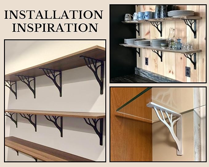 Rustic Tree Black Heavy Duty Shelf Brackets 10 inch by Balin Designs, Decorative L Brackets, Iron Metal Floating Shelf Bracket, Wall Mount Shelving Bracket, Included Hardware, Set of 4