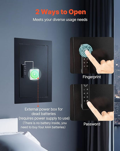 VEVOR Wall Safe, 3-Tier Hidden Wall Safe with Fingerprint, Password, Key & Turning Knob, Q235 Cold-Rolled Steel In-Wall Box with Adjustable Shelves & Key Holders for Money, Jewelry, Passport, Document