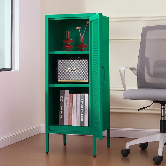 Slim Metal Storage Cabinet with Mesh Doors - 42'' Tall Narrow Organizer Tower, Compact Freestanding Cabinet, Versatile Utility Storage for Home, Office, Bedroom, or Kitchen, Durable and Modern Design