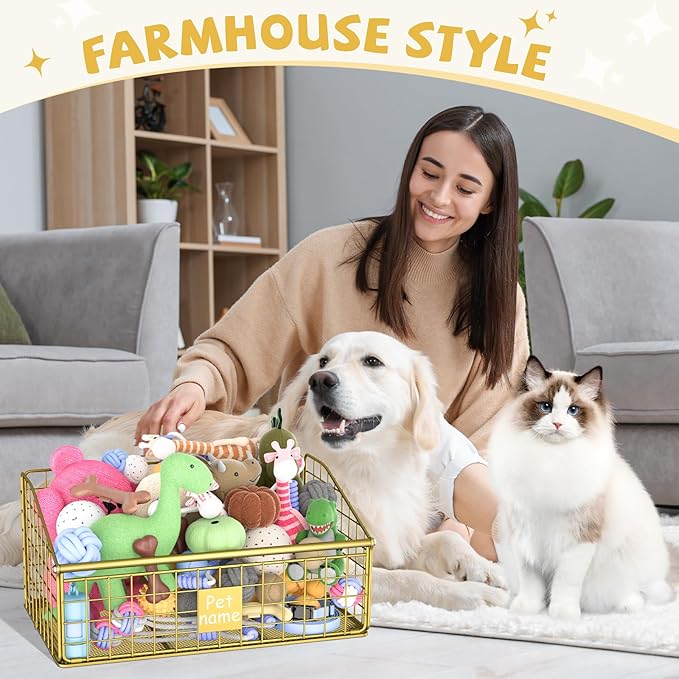 Indestructible Dog Toy basket, Medium Toy Box for Dogs,Pet Toy Bin Dog Metal Basket for Toys, Toy Storage Organizer, Toy Box for Living Room Area (Gold)