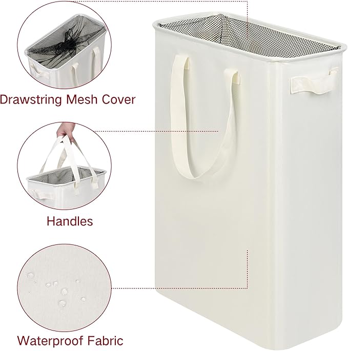 efluky Slim Laundry Basket, Narrow Laundry Hamper with Handles, Collapsible Dirty Clothes Hamper, Tall Laundry Bin for Laundry Room, Dorm and Bedroom, 12.7 Gallons(48L) Beige (Pack of 2)