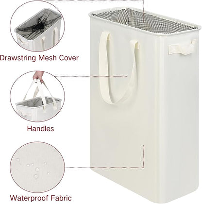 efluky Slim Laundry Basket, Narrow Laundry Hamper with Handles, Collapsible Dirty Clothes Hamper, Tall Laundry Bin for Laundry Room, Dorm and Bedroom, 12.7 Gallons(48L) Beige (Pack of 2)
