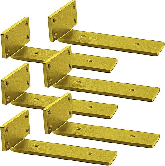 Shelf Brackets Heavy Duty Industrial L Shelf Bracket - 0.2 Inch Thick Premium Solid Steel Shelf Supports, Gold Rustic Wall Brackets for Shelves - 10 Inch Floating Shelves Hardware (6Pcs)